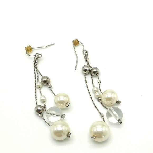 Faux Pearl Clear Bead Silver-tone Dangle Earrings - Picture 2 of 13